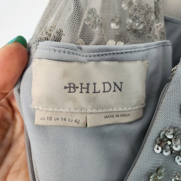 Anthropologie BHLDN GINNY SEQUIN FLOWER EMBELLISH TULLE MAXI DRESS GREY 10 - Picture 12 of 14